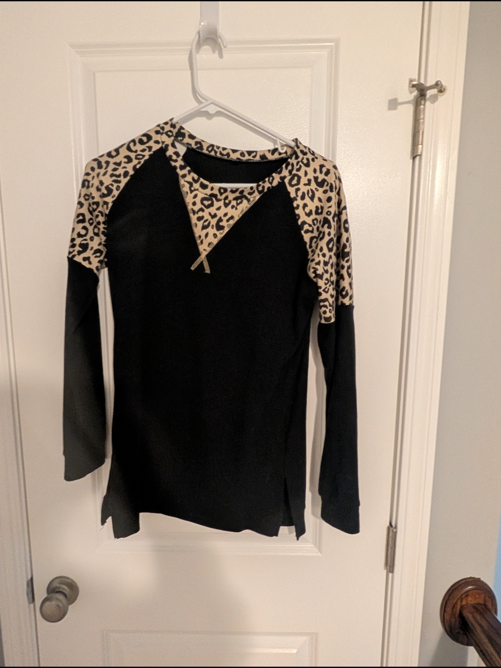 Black Long Sleeve Top with Leopard Yoke